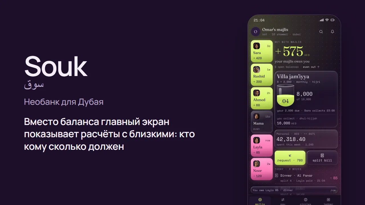 Обложка концепта Souk — тёмный экран с плитками людей и числом +575